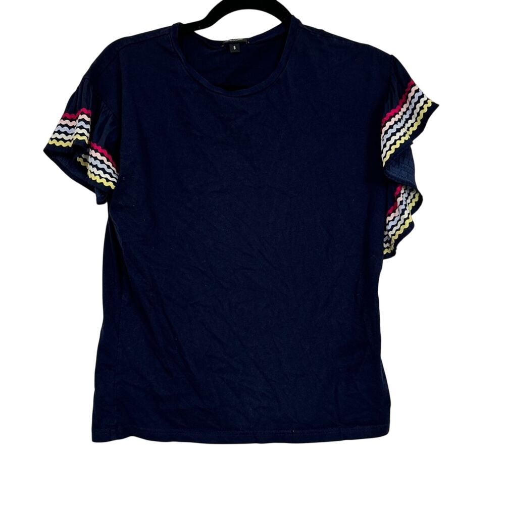 Stella & Dot Blue Ruffled Sleeve Blouse Womens S Ric Rack Flutter Ruffled Boho - Picture 2 of 8